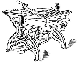 Line draing of a table-like macine, including guillotine blades and hand-wheels.