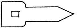 Outline of a shape. Square, witha square inner hole, at the left-hand side. Long rectangle with a point end on the right-hand side.