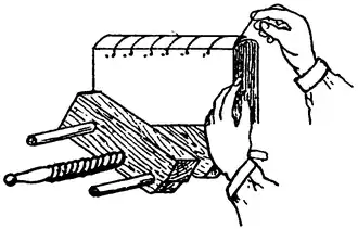Line drawing of a pair of hands sewing a cord through a book in a vice.
