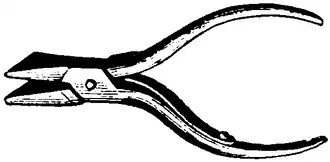 Cross-hatched illustration of a small pair of pliers called "band nippers."