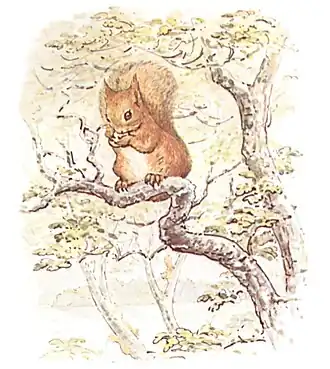 A drawing of a squirrel sitting on a tree branch holding a nut.
