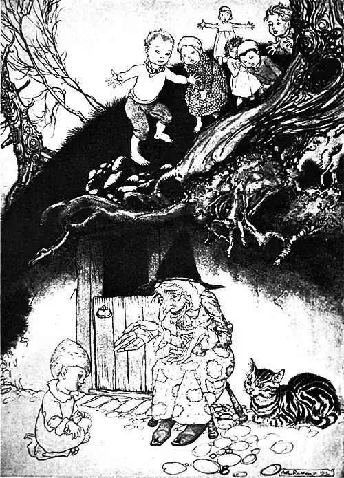 Black and white illustration of six children on a hillock, behind and above an old woman with a witches hat sitting on a chair, in front of a door, with a tabby cat and a child-like figure with pointed ears.