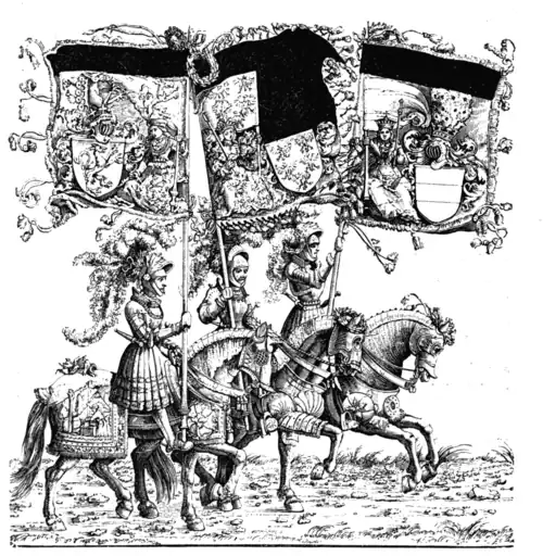 HORSEMEN, THREE ABREAST, WITH BANNERS (From 'The Triumphal Procession' by Burgkmair. Cut by Dienecker and other engravers)