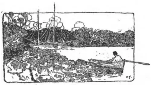 A bush-covered shoreline in the background with a sailing ship at the shore, and a single-oared rowboat in the right foreground