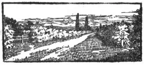 A plain in the foreground with a road lined by trees, mountains and sky in the background