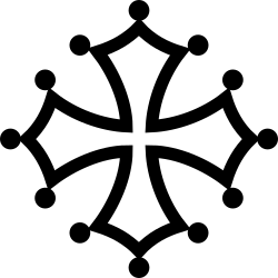 Hollow cross of equal length bars with flared ends; each of the three points at the end of each bar is connected to a small dot