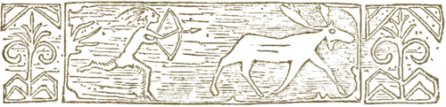A line drawing of a person with a bow and arrow, chasing a moose