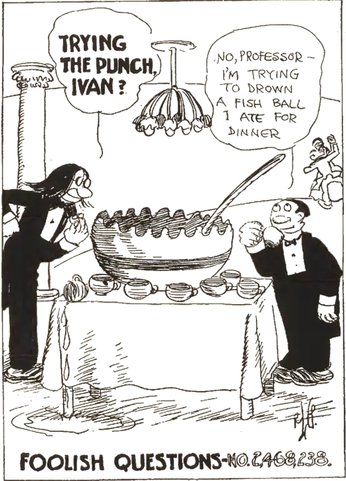 A cartoon of men drinking punch at a party