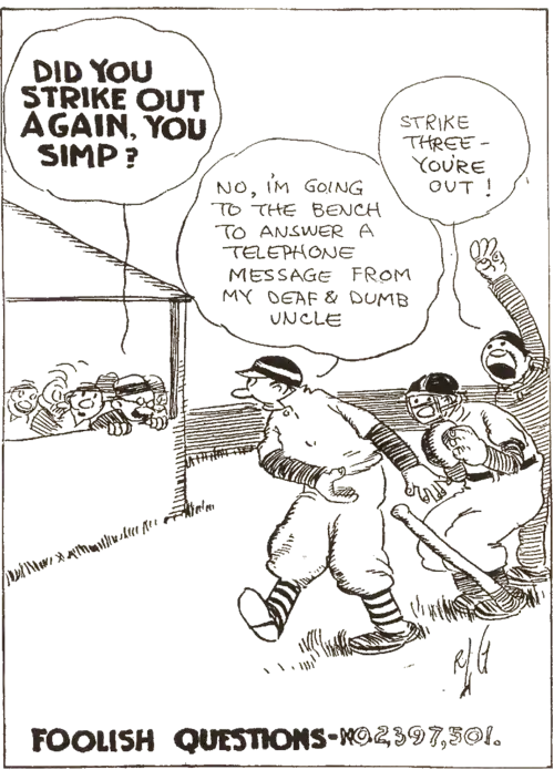 A cartoon of a man being heckled for striking out in baseball