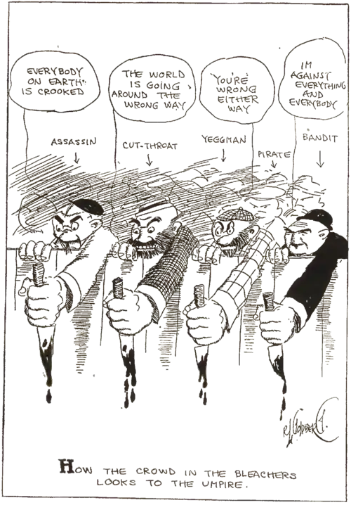 A comic strip of a several baseball fans threatening death to an umpire