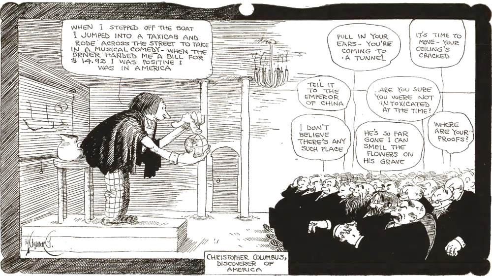 A comic strip of Christopher Columbus telling a modern audience the story of his travels to the Americas