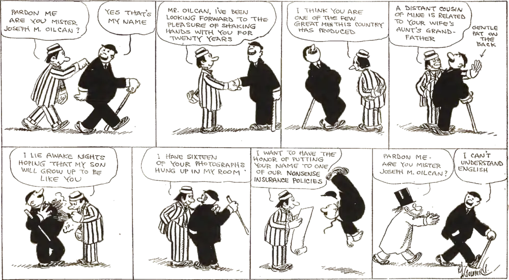 A comic strip of a man being accosted while walking