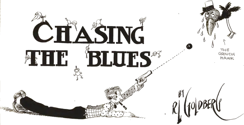 A cartoon of a man shooting a gun at a bird, lying on the ground