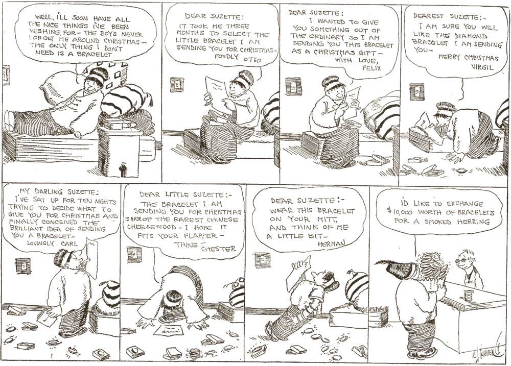 A comic strip about a woman who gets excessive Christmas gifts and exchanges them for food