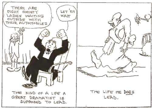 A comic strip showing the misconception of a dramatist swarmed by women admirers, contrasted with his actual life putting a baby to bed