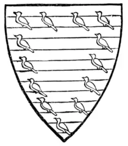 Fig. 60.—Arms of Aymer de Valence, Earl of Pembroke: "Baruly argent and azure, an orle of martlets gules." (From his seal.)