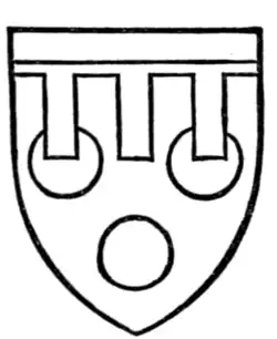 Fig. 246.—Arms of Hugh Courtenay, Earl of Devon (d. 1422): Or, three torteaux, a label azure. (From his seal.)