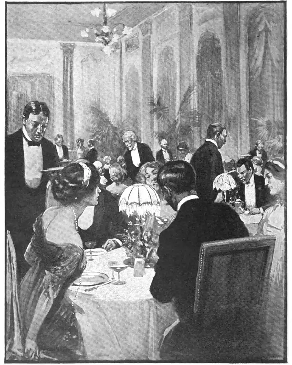 Illustration of a restaurant with well-dressed diners and staff