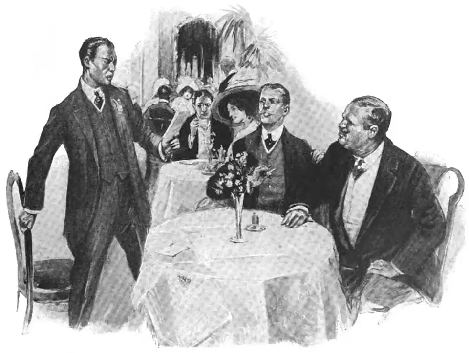 Illustration of an Asian man bolt upright before a table while his two dining companions look up at him
