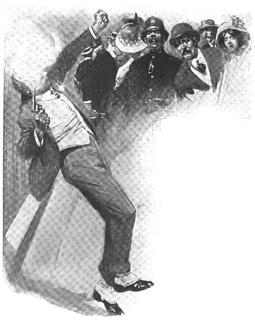 Illustration of a man with his head obscured by the muzzle flash of a revolver collapsing before a shocked crowd including a policeman