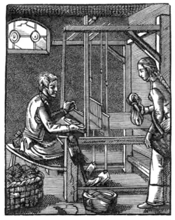 Fig. 2.—Mediæval low-warp loom, from a cut by Jost Amman; middle of the 16th century.