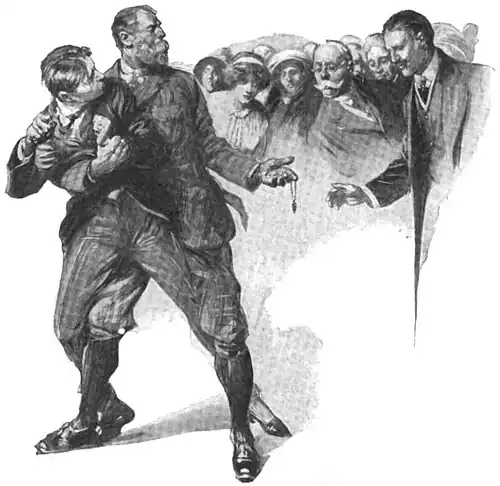 Illustration of Mr. Travers pinning Sterndale and holding out a necklace to a straining crowd