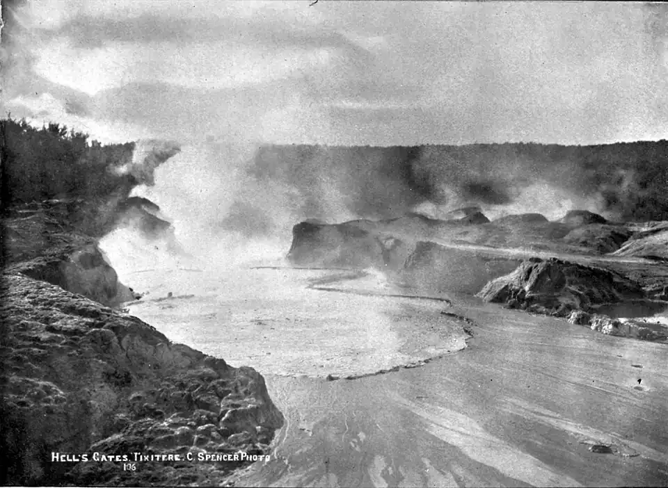 Steaming pool and flats, steamy landscape, inscribed "Hell's Gates"
