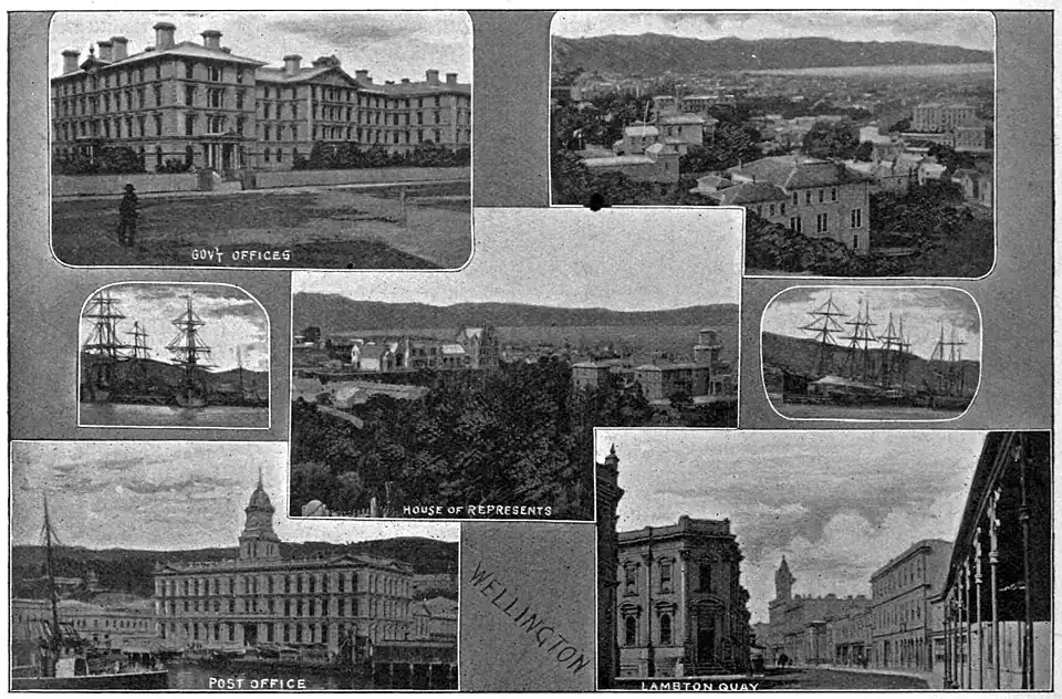 Several smaller photos of Wellington - Old Government wooden building, sailing ships tied up at wharfes, House of Representatives, Post Office, Lambton Quay