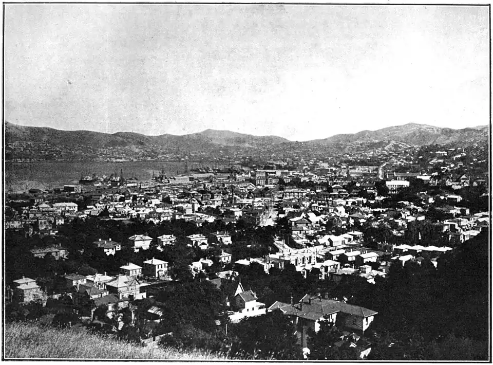 Bay with ships at wharfs surrounded by houses and buildings up to the lower slopes of the surrounding hills