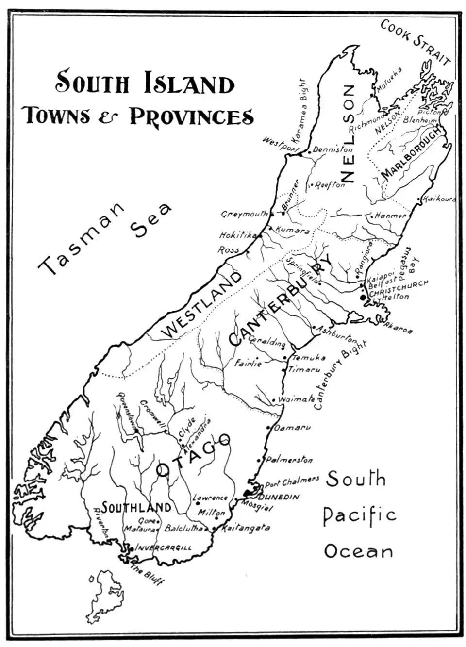 Map of the South Island, including Stewart Island, with the location of provinces and towns marked