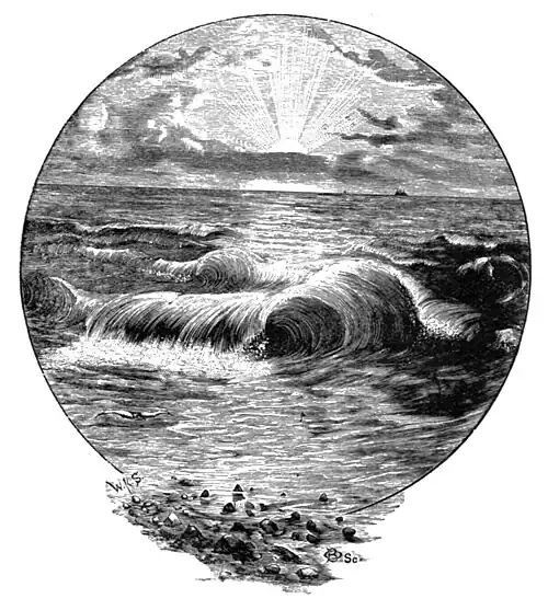 Illustration showing the sun with rays and clouds above the sea horizon, with waves breaking on the shore