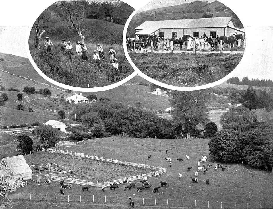 alt=There are three images, two smaller rounded photos at the top overlapping the larger image. The top left image is of a group of people walking near a tree. The top right image has numerous horses standing near a building alongside people. The large image is a view of a house with a group of cattle standing around the fencing