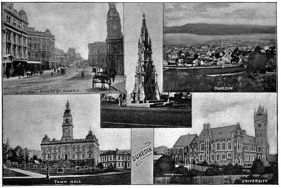 A set of 5 photos of Dunedin, one of which is in the middle. The top left photo is of Princes Street. The top right photo is an overlook of the city. The bottom left photo is of the town hall. The bottom right photo is of the university. The photo in the middle is of the Cargill Monument.