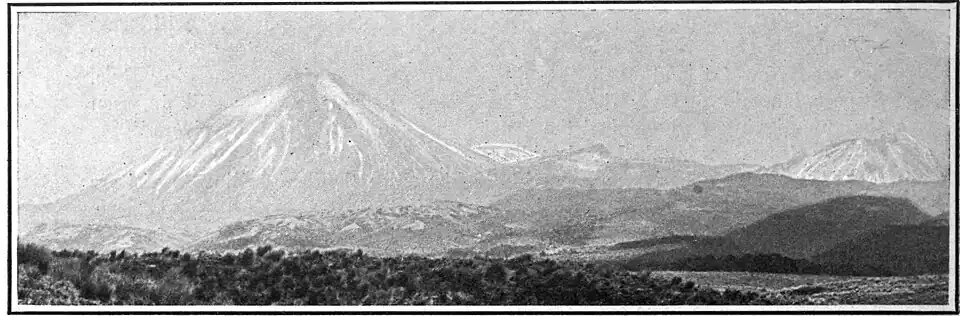 Snow covered volcano in a mountain range with rolling hills and bush in the foreground