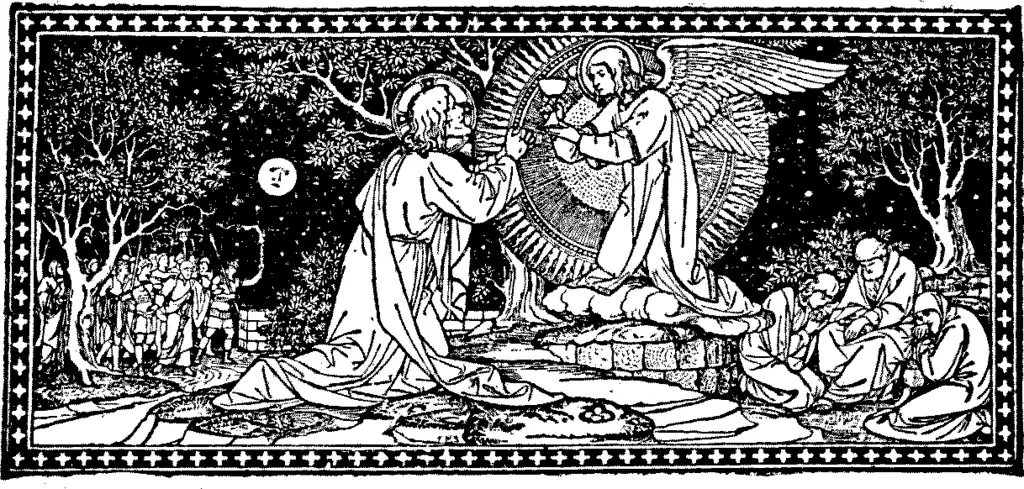 An angel ministering to Jesus in his agony in the garden of Gethsemane.