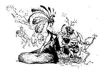 Fairies delighting over a spilled bag of coins