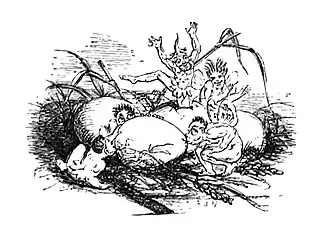 Group of fairies in a bird nest, sucking at and breaking eggs