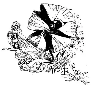 Fairies and a flower. A row of butterflies beneath the flower spell out the word 'finis' with their bodies.