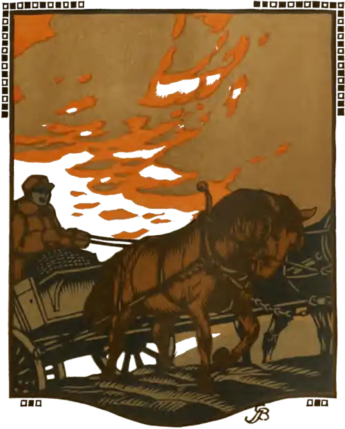 A woodcut of a person riding a horse-drawn carraige