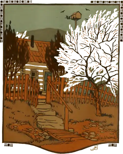 A woodcut of a house and lawn