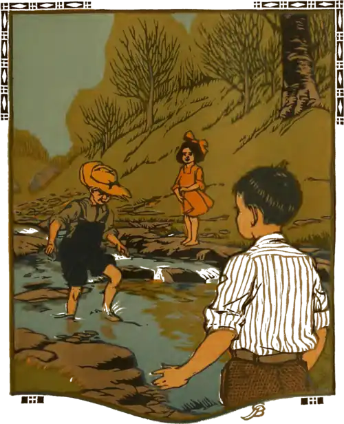A woodcut of a children playing in a creek