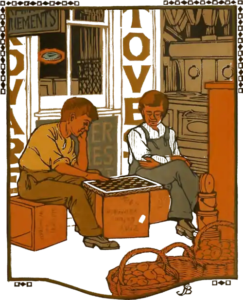 A woodcut of two persons playing checkers