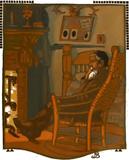 A woodcut of a man seated by a fireplace, slumbering