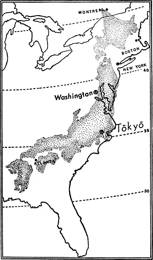 Japan superimposed at the same latitude on the East Coast of the United States