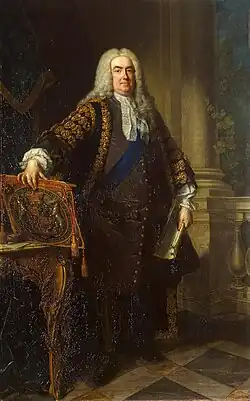 A painted full-length portrait of a slightly overweight man in a powdered wig and Georgian clothing