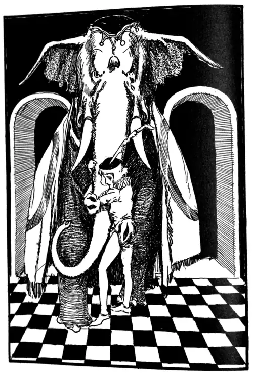 "Flinging his arms affectionately around the Elegant Elephant's trunk"