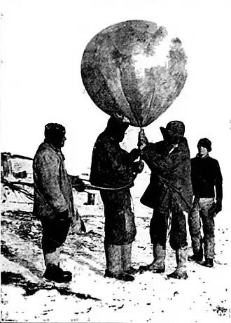 Photo of four men with a balloon about four feet in diameter
