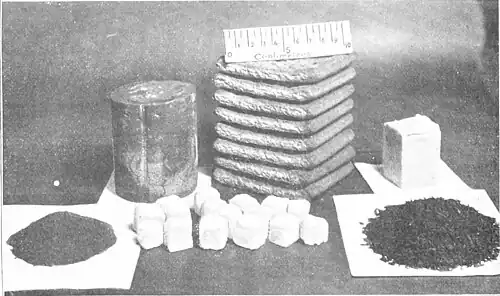 Photo of a cylinder, 8 stacked biscuits, a third of a stick of butter, 15 sugarcubes, and two small mounds of dried powders
