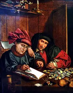 The Money Counters (circa 1575-1600): Two men at a table counting money and recording it in a ledger.