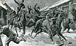 Black and white drawing of a regiment of Cossacks entering a village in Manchuria
